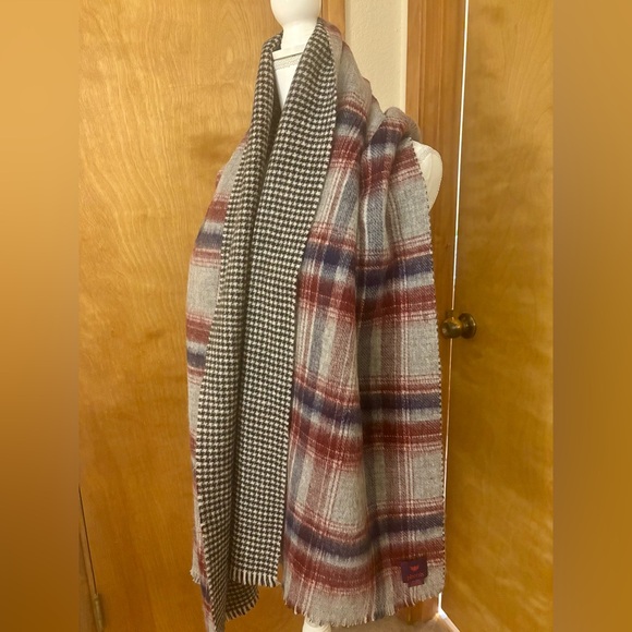 Phenix Red and Blue Wool Plaid Scarf with Houndstooth Accent - Picture 2 of 5